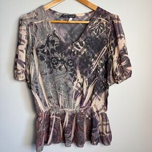Simply Irresistible Women's Short Sleeve Sheer Satin Boho Peplum Blouse M Fairy